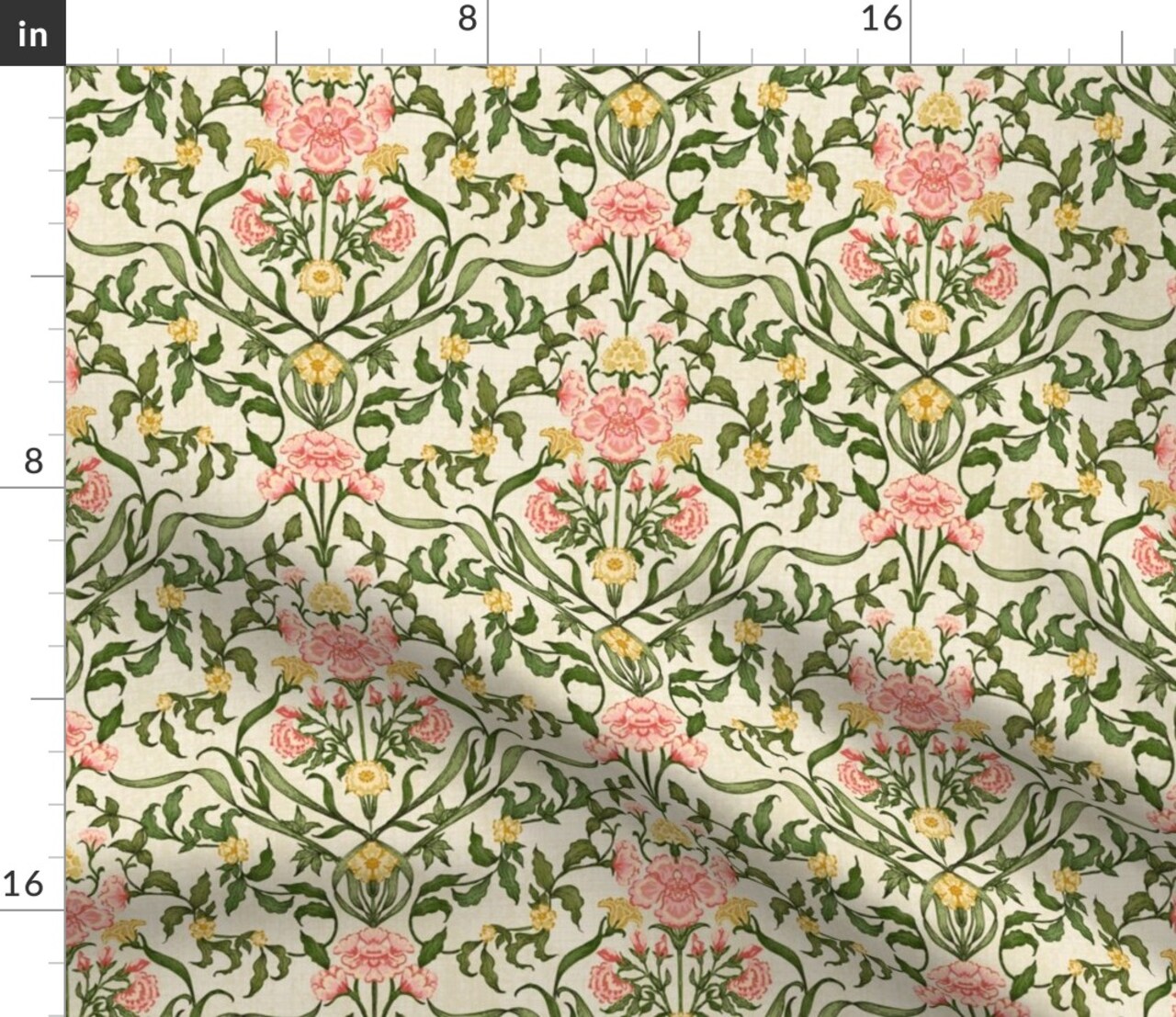 Floral Pink Green Botanical Hand Drawn Flowers Traditional Damask Cottagecore Farmhouse Custom Printed Fabric by Spoonflower Various Fabrics by the Yard or Fat Quarter